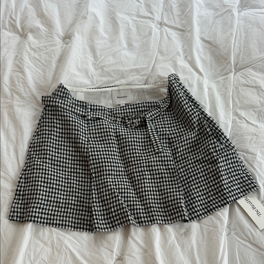 REFORMATION Rory Gingham Black and White Linen Skirt